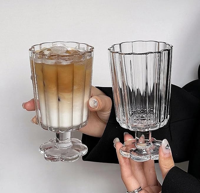 Footed Ice Cream Cups Drinking Glasses Set of 2 (Transparent), Flower Petal Style Glass Goblet, Suitable for Juice, Ice cream, Cocktails, Dessert & More.