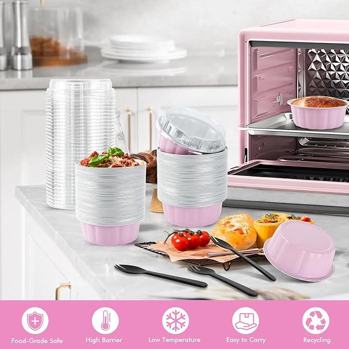 50 Pcs 8.5oz Round Mini Cake Pans with Lids and Spoons, Aluminum Foil Baking Cups, Disposable Ramekins Cupcake Muffin Tins Dessert Containers for Wedding Birthday Party Catering竊늁inkç«?,<div>