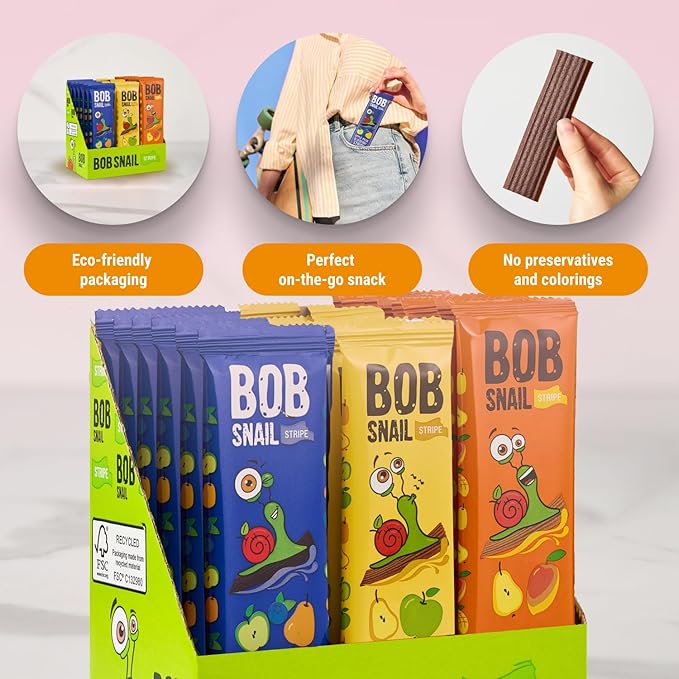 BOB SNAIL Healthy Organic Fruit Snacks for Kids and Adults ??30 Organic Fruit Leather Snacks with Pear & Apple, Blueberry, Mango ??Vegan Low-Carb Variety Pack Strips for Kids ??Sugar Free Jerky Bars