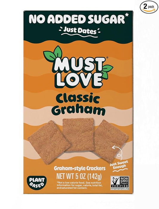Must Love Classic Graham - No Added Sugar, Sweetened with Dates - Great for Pie Crust, Mini S'more, Cheese Boards - Simple Ingredients, Vegan, Plant-Based - Healthy Snacking for Family, 2 Pack x 5 oz