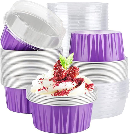 EUSOAR Baking Cups Aluminum Foil, 5oz 50pcs Reusable Cupcake Cups with Lids, 3.34"x2.59"x2.35" 125ml Pie Ramekins, Desserts Flans, Creme Brulee Cups, Pudding Jello Cups, Catering Party Favor-Lavender