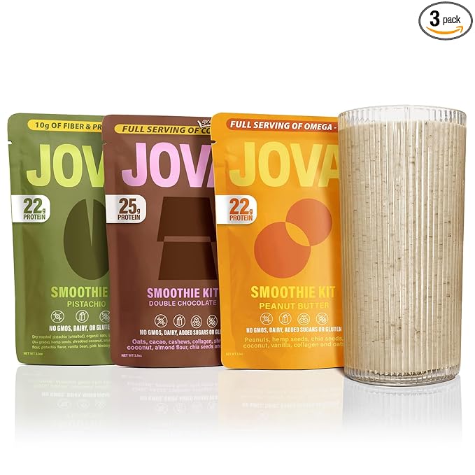 JOVA Smoothie Variety Pack | Over 22g Protein, High Fiber | Pistachio, Double Chocolate and Peanut Butter | Guilt-Free Snacks (Gluten-Free, Non-GMO, USA Made), 3-Pack