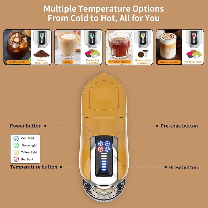 KOTLIE Espresso 5in1 Single Serve Coffee Maker, 19Bar Cappuccino&Latte Maker, Cold&Hot Brewing Coffee Machine for K*cup/NES*presso Original/D*olce G*usto/Ground Coffee/44mm ESE(Yellow)
