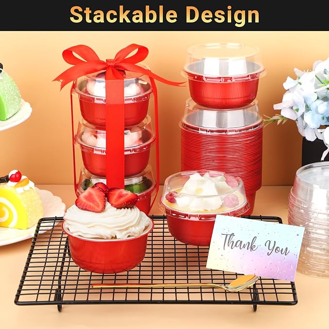 Beasea Disposable Baking Cups With Lids, 50 Pack 6.1oz 180ml Aluminum Foil Ramekins Round Baking Mini Cupcake Oven Cups for Party - Red