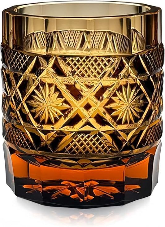 suigetsu Japanese Crystal Whiskey Glass, Cut Crystal Pattern, Luxury Cocktail Glassware (Red Gold Amber)