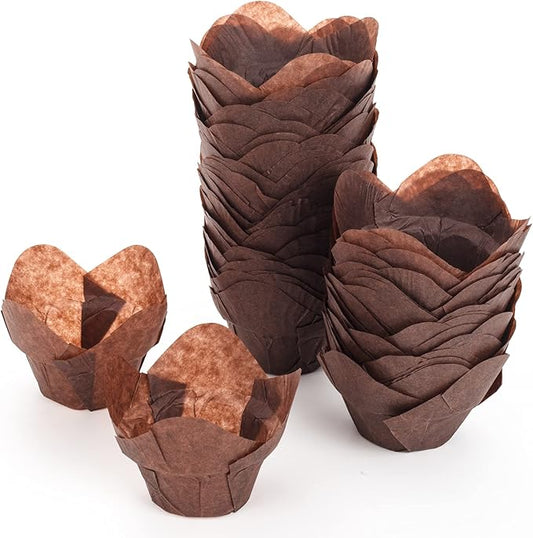 GOLDEN APPLE, 100 Pcs Tulip Cupcake Liner Lotus Parchment Baking Cup Muffin Tins Cups for Weddings, Birthdays, Baby Showers, Brown