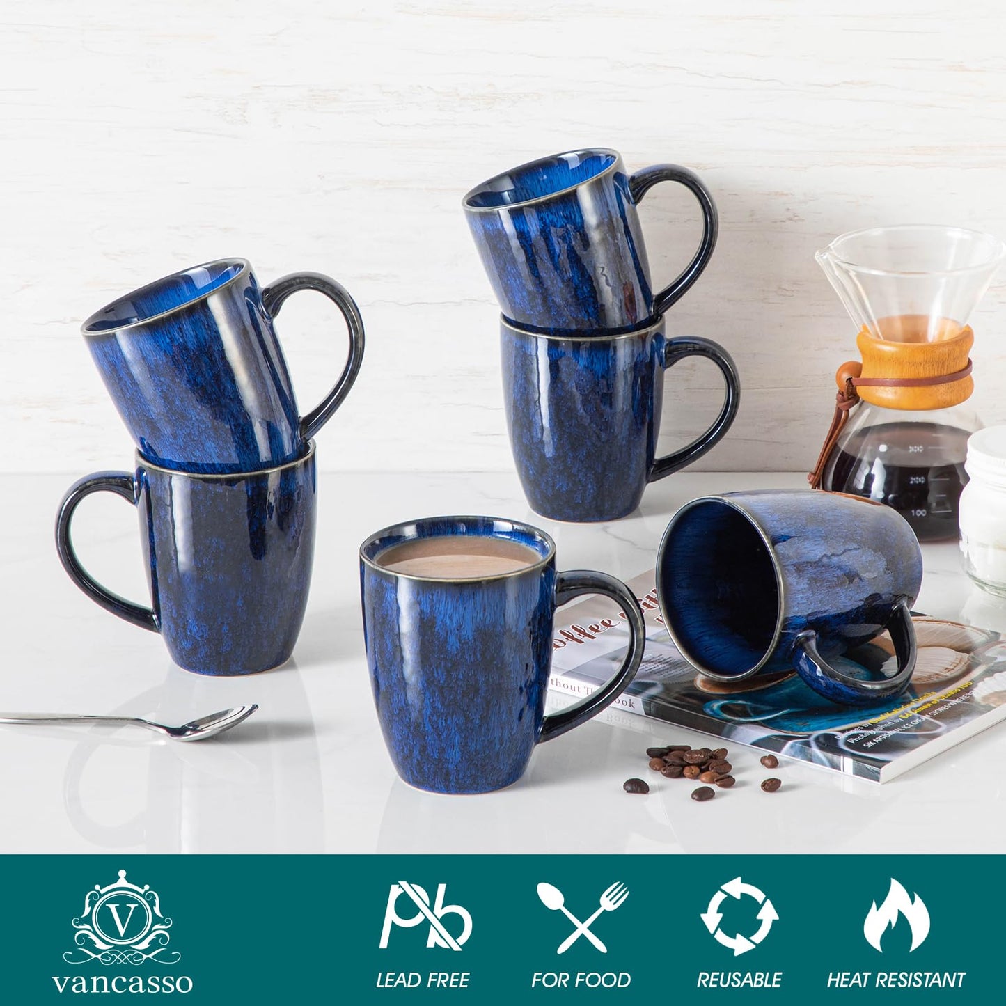 vancasso STARRY Ceramic Coffee Mug Set of 6, 16 Oz Tea Cups with Handle for Latte, Tea, Cappuccino