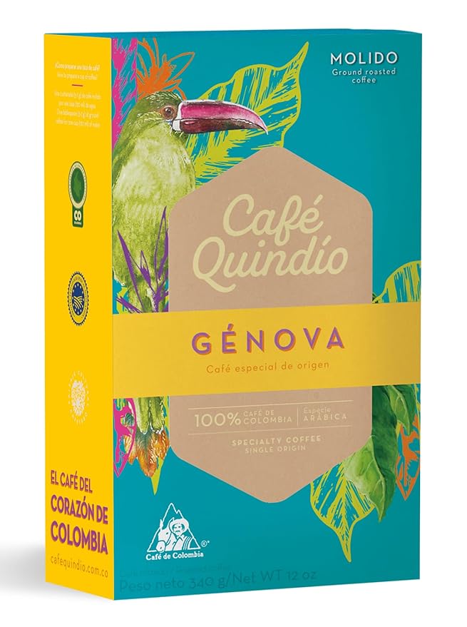 Cafe Quindio Genova Single Origin - Medium Roast 100% Colombian Excelso Ground Arabica Coffee - 12 Ounce Bag (340g)
