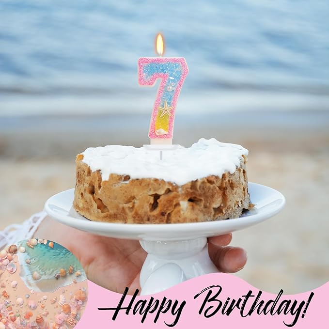 7th Birthday Candle for Cake, Pink Beach Starfish Sequins Number Candles, 2.76 inch Pink Cake Topper Decoration for Birthday Party (Number 7)