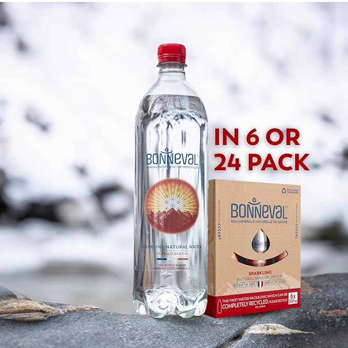 BONNEVAL - Natural Sparkling Water - 100% Pure Mineral Water from the French Alps - Naturally Filtered for 2000 Years - Rich in Electrolytes - Eco-Friendly 25% RPET Bottles tethered caps - 6 pack, 33.8 FL OZ