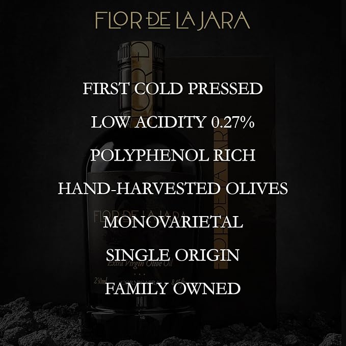 FLOR DE LA JARA Premium Extra Virgin Olive Oil from Spain, First Cold Pressed, Polyphenol-Rich, Monovarietal Cornicabra, Hand-Harvested Olives, Family-Owned Grove, Low Acidity (0.27%), 8.45 fl oz (250ml)
