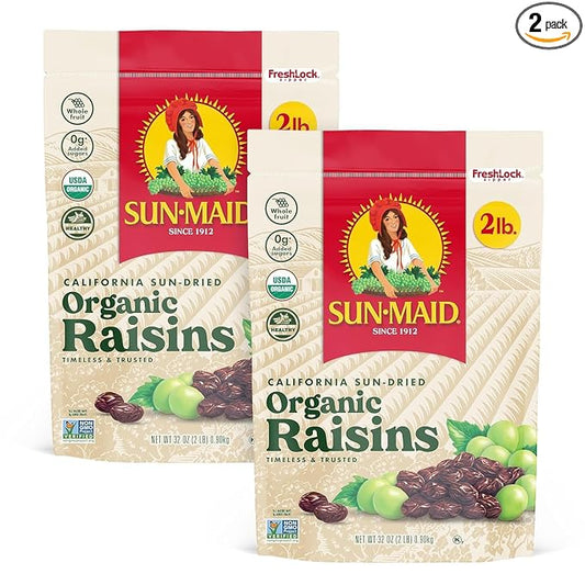 Sun-Maid Organic California Sun-Dried Raisins - (2 Pack) 32 oz Resealable Bag - Organic Dried Fruit Snack for Lunches, Snacks, and Natural Sweeteners