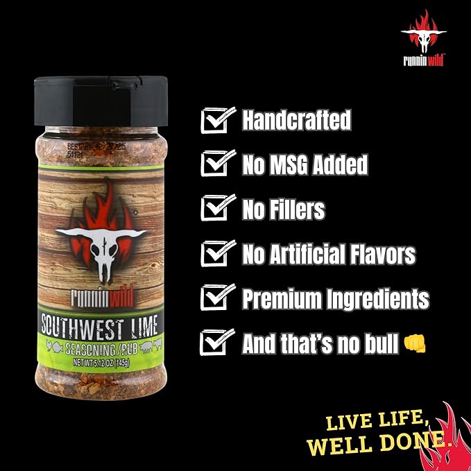 Premium Southwest Lime Seasoning | No Artificial Flavors, No MSG added | Gourmet Southwest Flavor for Chicken, Fish, Pork, and Fajitas | Runnin??Wild Foods, 5.12 ounces
