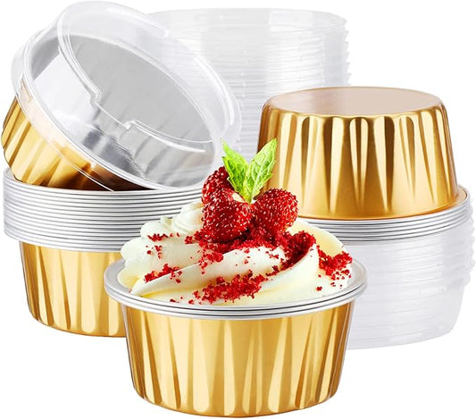 EUSOAR Disposable Ramekins Aluminum Foil, Gold 25Packs 5oz Baking Cups with Lids Mini Muffin Liners, Dessert Cheesecake Pan Creme Brulee Cupcake Containers for Catering Club Wedding Party