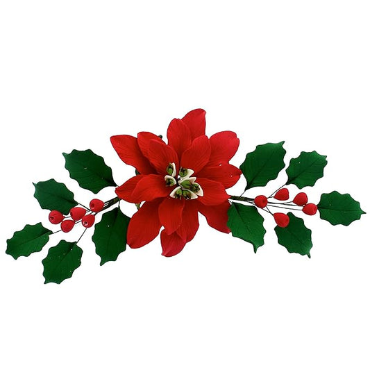 Global Sugar Art Large Poinsettia Christmas Kit Sugar Cake Flowers & Holly Leaf Sprays, 3 Piece Set by Chef Alan Tetreault. Perfect for Christmas Cake Decorations, Yule Logs and more.