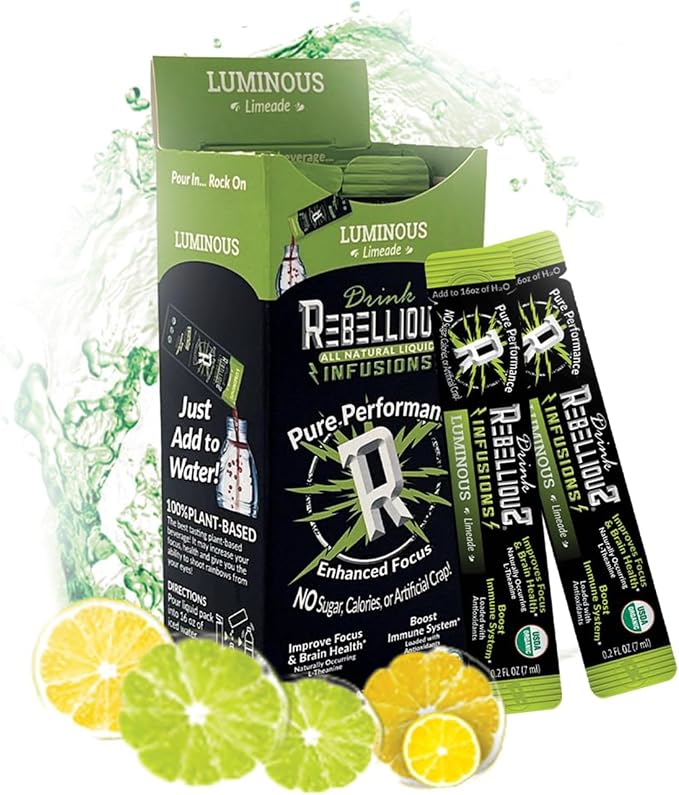 Rebellious Luminous Limeade Organic Drink Mix ??Zero Calorie Energy Drink Mix | Monk Fruit & Green Tea Extract | L-Theanine + Natural Caffeine | 100% Plant-Based | Pack of 10 | Keto,Gluten-Free