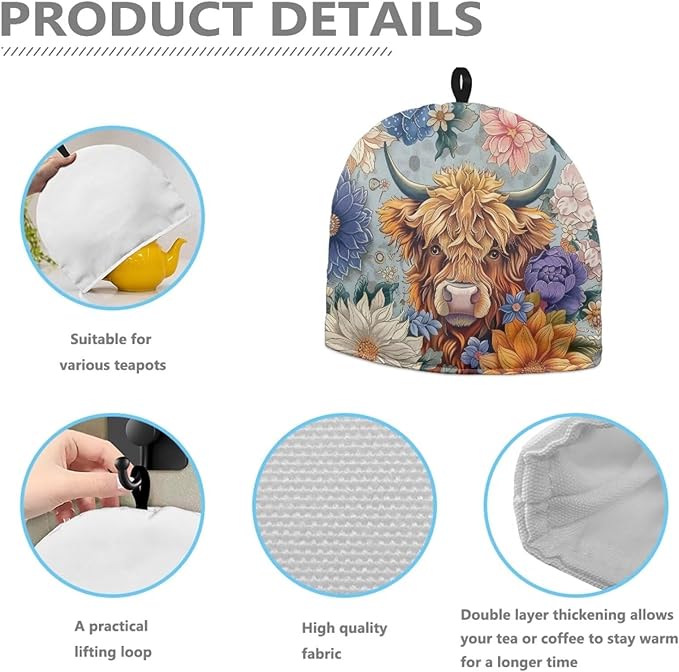 Highland Cow Tea Cozy for Teapot - Insulated Showy Flower Pot Cover, Bohemia Cattle Wildlife Kettle Kitchen Dust Cover