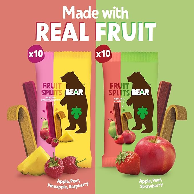 BEAR Real Fruit Snack Splits - Gluten Free, Vegan, and Non-GMO - Variety Pack (Apple/Strawberry, Raspberry/Pineapple)??Healthy School And Lunch Snacks For Kids And Adults, 0.7 Ounce (Pack of 20)