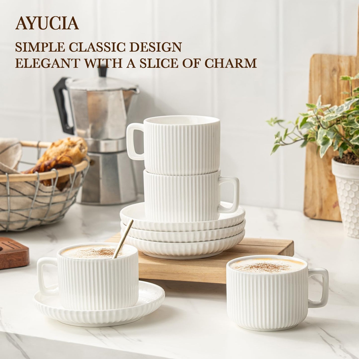 AYUCIA 8 Ounce Cappuccino Cups Set of 4, Latte Mugs with Saucers and Spoons, White Cream Ceramic