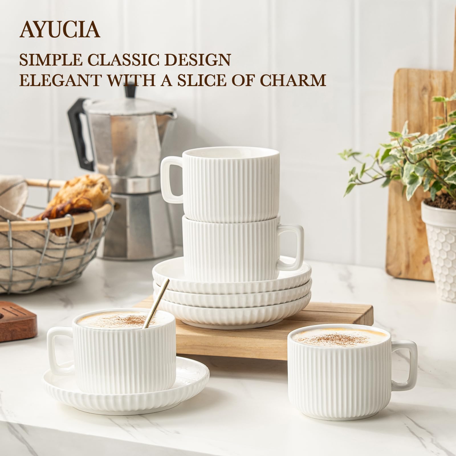 AYUCIA 8 Ounce Cappuccino Cups Set of 4, Latte Mugs with Saucers and Spoons, White Cream Ceramic