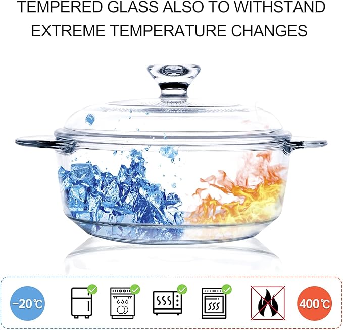 Clear Round Glass Casserole with Lid, Baking Dish with Glass Cover, Glass Casserole for Oven, Freezer and Dishwasher Safe (1-Quart Round)