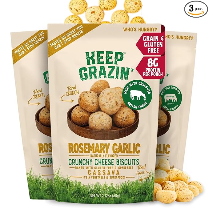 Keep Grazin Grain Free Crunchy Cheese Biscuits - Rosemary Garlic Flavoured | 2.12 Ounce (Pack of 3) | Gluten & Sugar-Free, Non-GMO Protein Snacks - Baked with 100% Grass-Fed Cheese & Cassava Flour