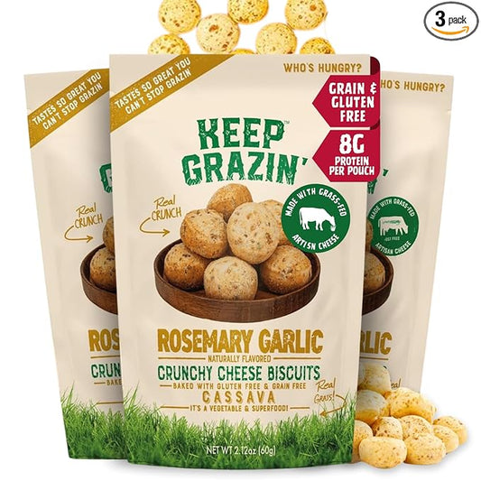 Keep Grazin Grain Free Crunchy Cheese Biscuits - Rosemary Garlic Flavoured | 2.12 Ounce (Pack of 3) | Gluten & Sugar-Free, Non-GMO Protein Snacks - Baked with 100% Grass-Fed Cheese & Cassava Flour