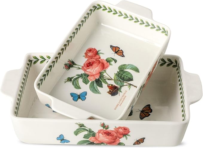 Ceramic Baking Casserole Dish with Handles, Large 8x13 inch & 6x10 inch Pan and Middle Baking Pan - Porcelain Serving Bakeware Set (Pink rose)
