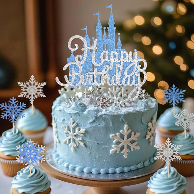 24 Pcs Silver Blue Ice Cupcake Toppers Glitter Snowflake Cupcake Toppers Winter Wonderland Cake Decorations for Princess Happy Birthday Baby Shower Party Supplies