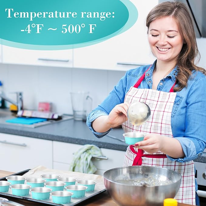 Eaasty 150 Pcs Baking Cups with Lids, 1.6 oz Muffin Cupcake Liners Aluminum Foil Mini Cake Pans Small Disposable Ramekin Flan Containers with Lids for Christmas, Birthday, Various Holiday (Light Blue)