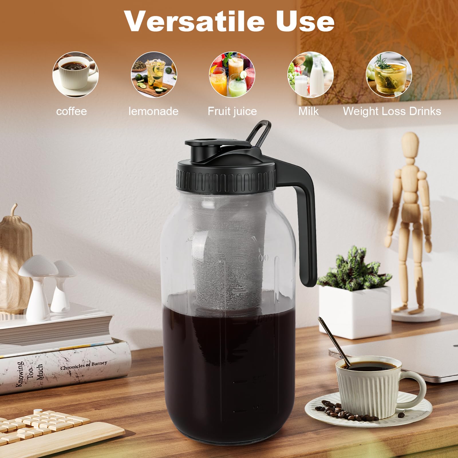 QHH Cold Brew Coffee Maker,64 oz Mason Jar Pitcher with Stainless Steel Filter, Pour Spout Handle