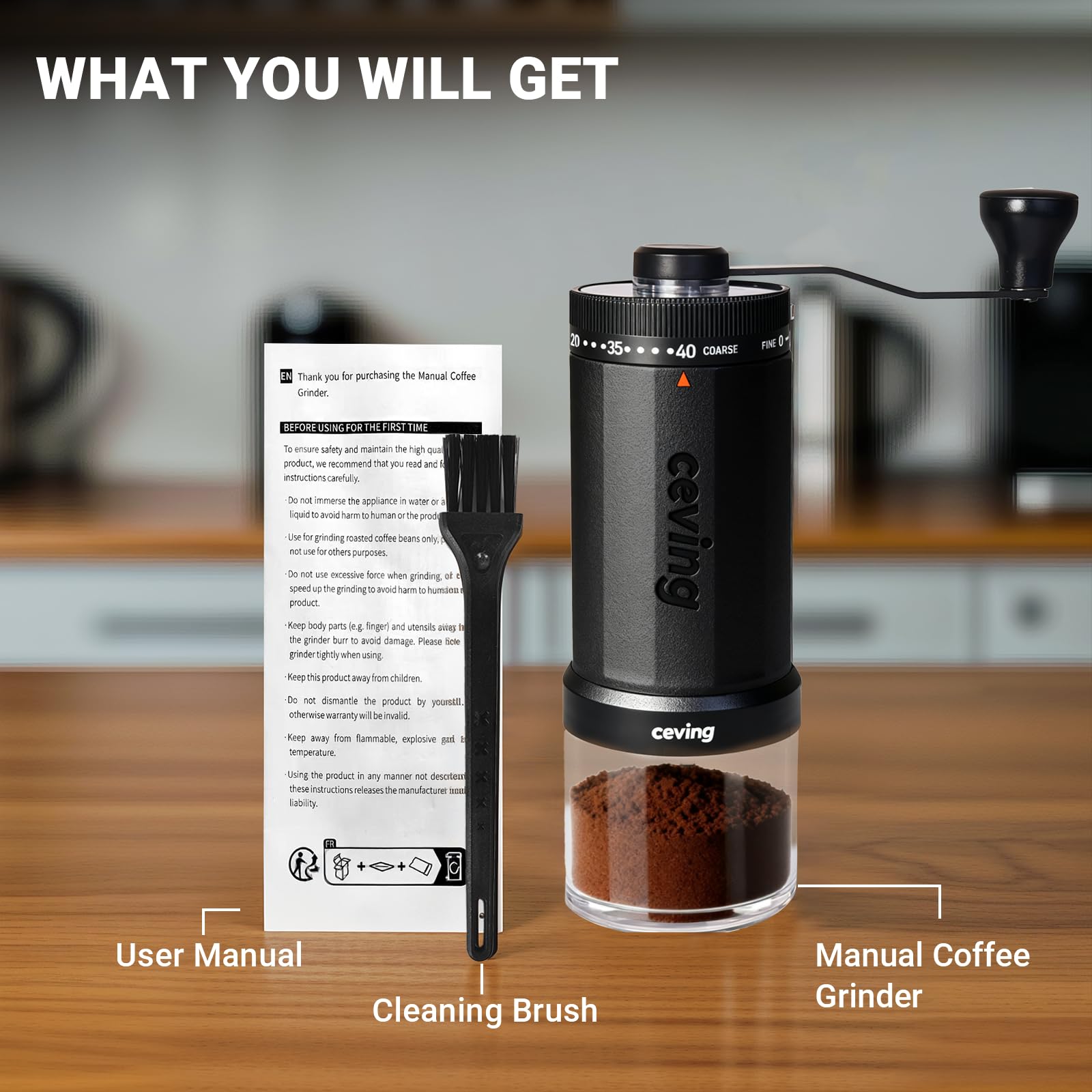 CEVING World's First 60g Large Capacity Manual Coffee Grinder, Black