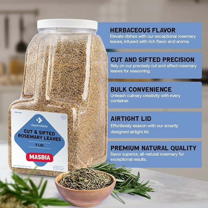Dependable Food Rosemary Leaves Cut & Sifted - 3 Lb. Jar - Bulk, Kosher, Rosemary Herb for Chefs, Restaurants & Culinary Enthusiasts - Non-GMO, Gluten-Free Seasoning Perfect for Roasted Meats, Poultry, Vegetables & Savory Baked Goods
