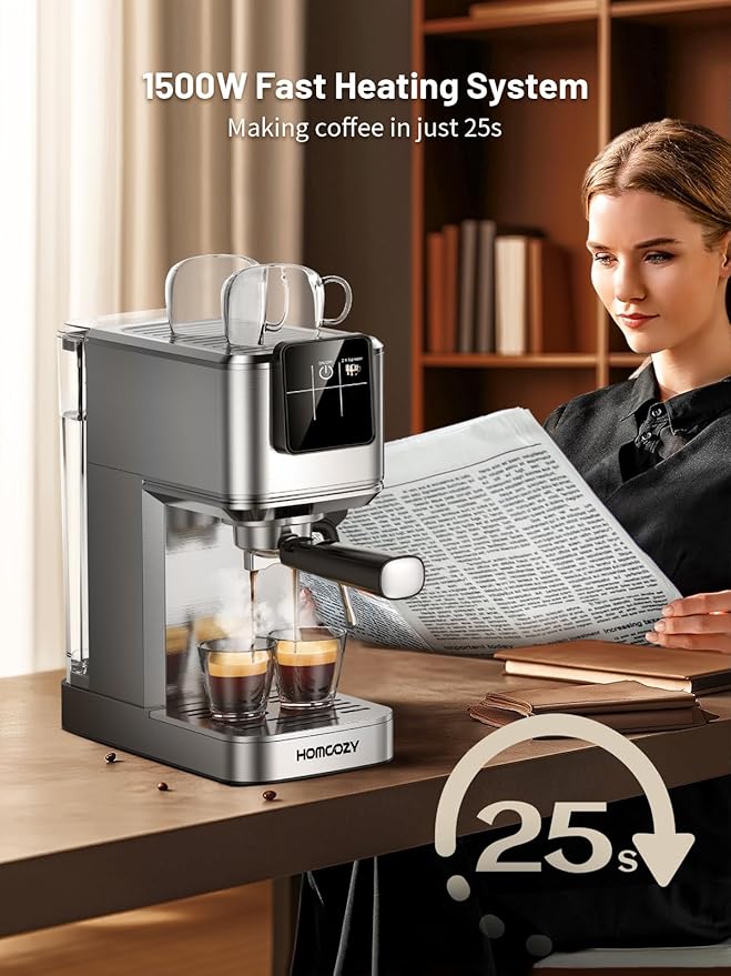 20 Bar Espresso Coffee Machine with Rapid Cold Brew Technology, Milk Frother, Touch Screen Control, Compact Water Tank, Ideal for Lattes, Cappuccinos, Americano, Home & Office Use, Stainless Steel