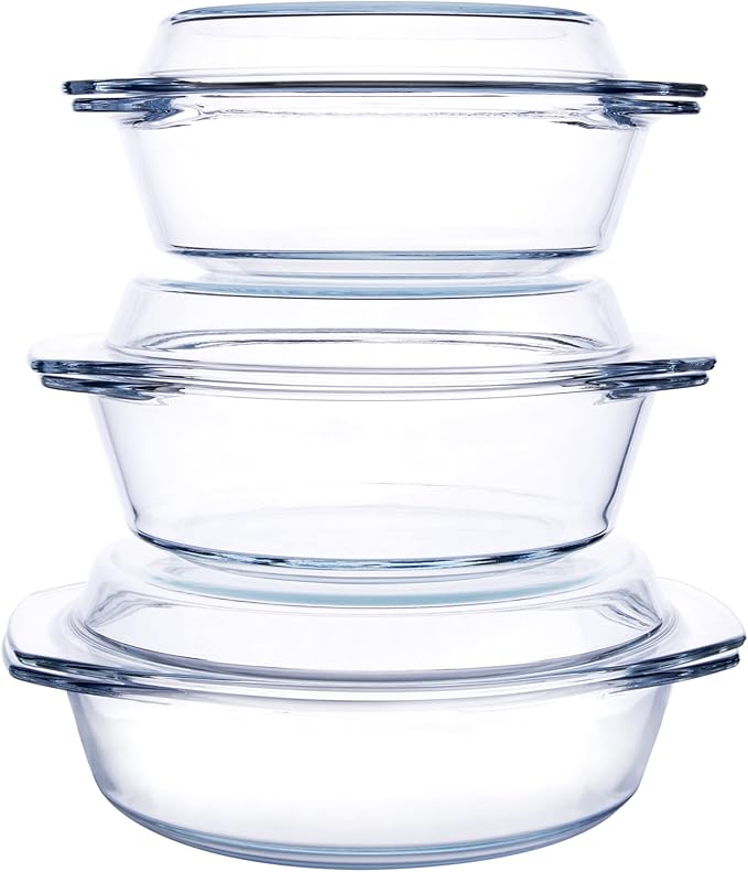 Set of 6 Pieces Round Tempered Glass Casserole Dish with Lids, Glass Casserole Baking Dish Set for Oven, Freezer and Dishwasher Safe - 1QT+1.5QT+1.8QT