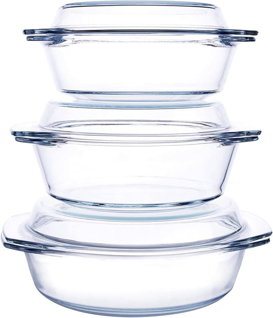 Set of 6 Pieces Round Tempered Glass Casserole Dish with Lids, Glass Casserole Baking Dish Set for Oven, Freezer and Dishwasher Safe - 1QT+1.5QT+1.8QT