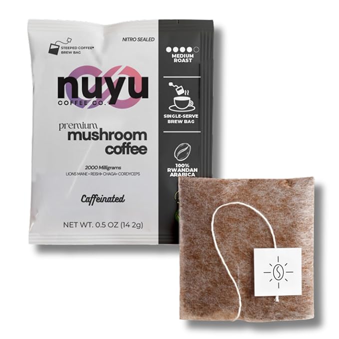 Nuyu Mushroom Coffee Brew Bags - Premium Coffee with 2000mg Functional Mushrooms - Lion's Mane, Chaga, Reishi, Codyceps - Energy, Focus & Immune Support - 7 Count - Medium Roast
