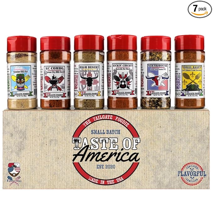 THE TAILGATE FOODIE Taste of America Grilling Pack Gourmet Seasonings | 7 pc 'Merica Seasoning Gift Set | 6 Regional American Blends & Seasonings *Great Father's Day Gift*