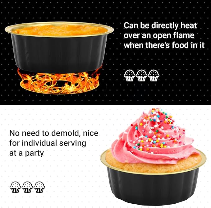 Beasea Disposable Aluminum Ramekins, 8oz 200 Pack Ramekins Foil Cups Baking 3.9" Ramekin Cup Cupcake Aluminum Mini Baking Cups for Party - Black Gold