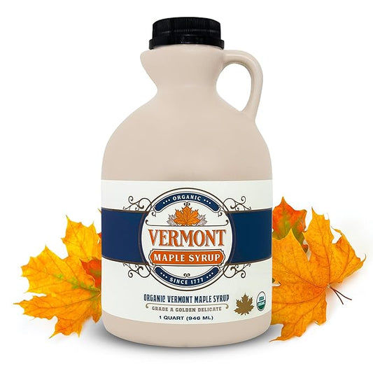 Vermont Maple Syrup - 32 oz Grade A, Golden Delicate Organic Maple Syrup - 100% Pure and Authentic Maple Syrup for Pancakes, Waffles and More - Nut free, Gluten Free, Vegan, Paleo
