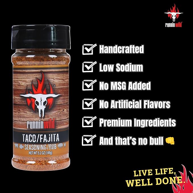 Gourmet Taco Seasoning Mix | Fajita Seasoning | Low Sodium | Mexican Seasoning Blend for Tacos, Fajitas, Carne Asada, Nachos, Chili, Enchiladas, and More! | Runnin' Wild Foods, 5.2 ounces