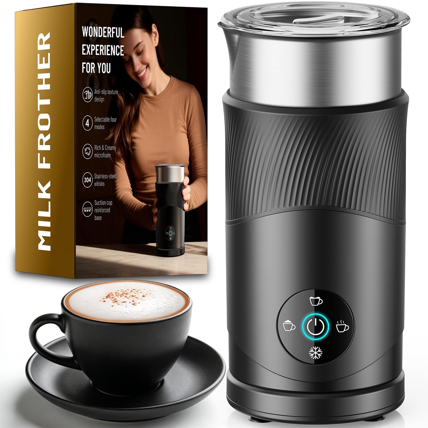 Ecoflarix 350ml Electric Milk Frother: 4-in-1 Hot & Cold,120s Fast Frothing