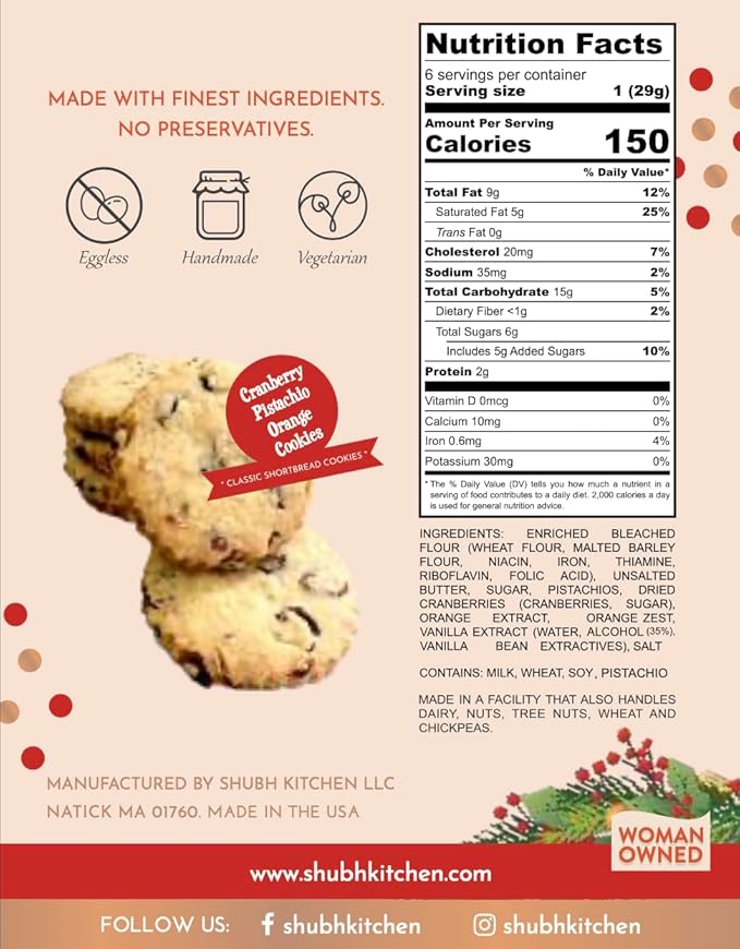Cranberry Pistachio Orange Cookies- Holiday Gourmet Cookies, 100% Egg-Free & Vegetarian, Handmade Bakery-Style with Real Butter & Orange Zest, No Preservatives, 6 oz Pack Festive & Delicious Gift
