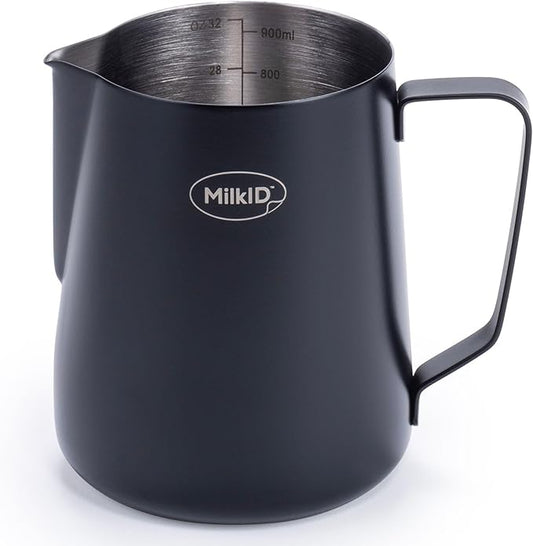 Stainless Steel Milk Frothing Pitcher | Compatible with MilkID Labeling System | Espresso Accessories Kit | Barista Tools | Latte Art Pitcher (32oz / Black Pitcher)