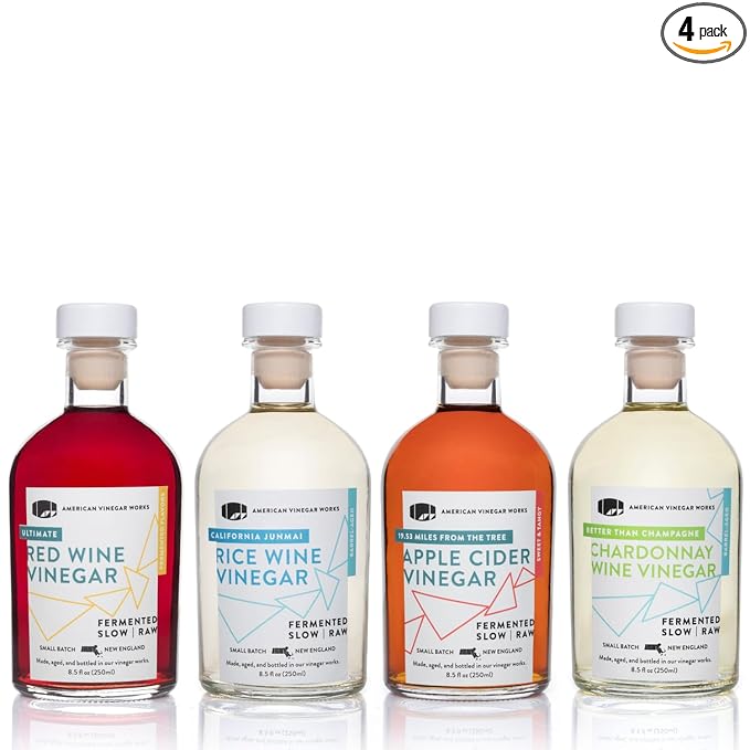 American Vinegar Works - Essentials Kitchen Vinegars - Includes Apple Cider, Red Wine, Rice Wine, and Chardonnay Wine Vinegars - Packed in a Custom Box - Great for Gifts - 8.5 oz Bottles - 4 Pack