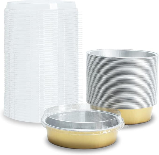 Disposable Aluminum Baking Cups Bulk, 50Pcs Gold Mini Cake Pans with Clear Lids for Muffin, 7.2oz