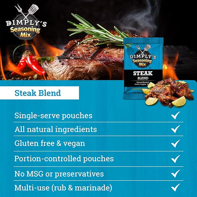 Dimply's Steak Seasoning Mix – 6 Pack, Single Serve Dry Rub and Marinade – Garlic Pepper Dill Blend for Meat, Chicken, Tofu, and Vegetables – Vegan, Gluten Free, No MSG, Preservative Free