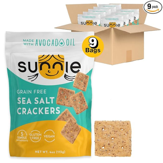 Sunnie Gluten Free Crackers - Healthy Grain Free Sea Salt Crackers, Snacks for Kids & Adults, Made with Avocado Oil, Only 5 Ingredients, Vegan Snack, Low Calorie (4 oz - Pack of 9)