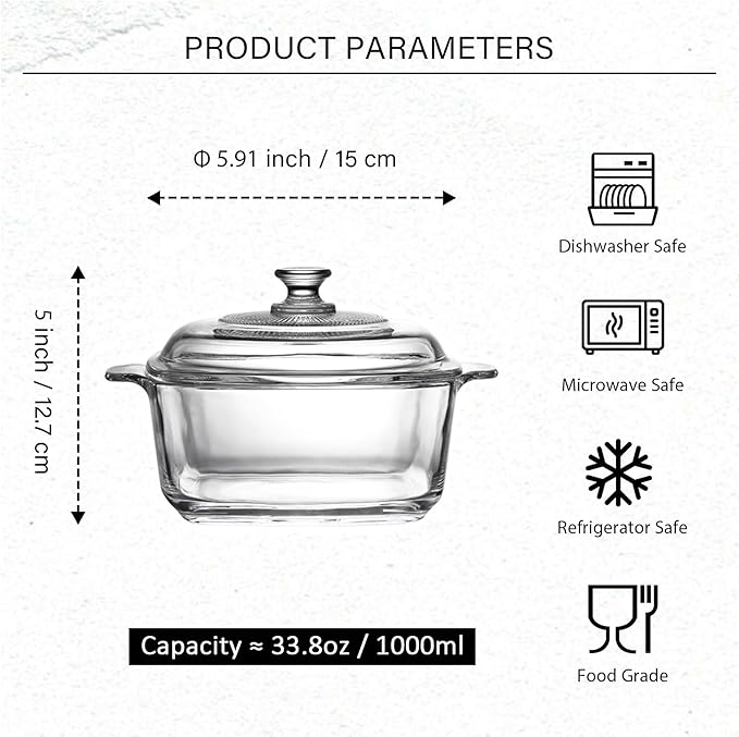 1L Glass Casserole Dish with Lid - Small Square Casserole Dish - 5.9 inch Microwave Bowl Cookware (33 oz)