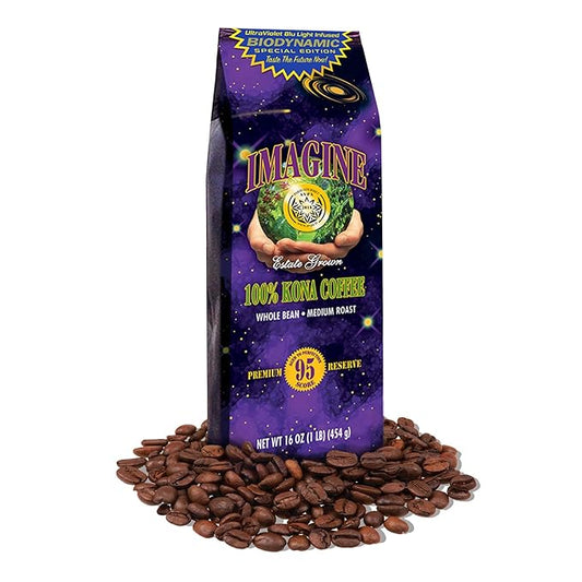 Imagine Kona UltraViolet Blu Light Infused Biodynamic Special Edition | Organic Whole Coffee Beans | Made From Premium Hawaiian Kona Beans | Top Grade Air Roasted | Medium Roast - 16 ounce